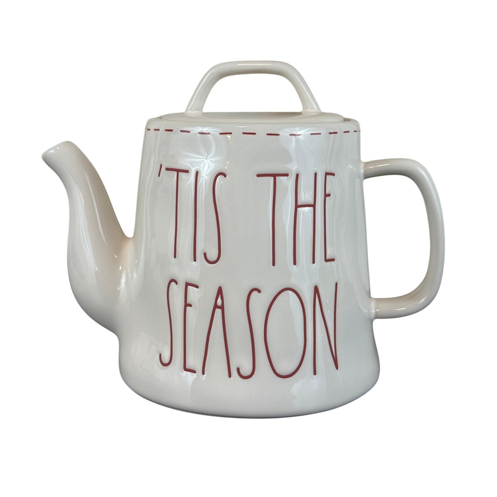 Rae Dunn "Tis The Season White Holiday 5" Ceramic Teapot Large Letters Magenta